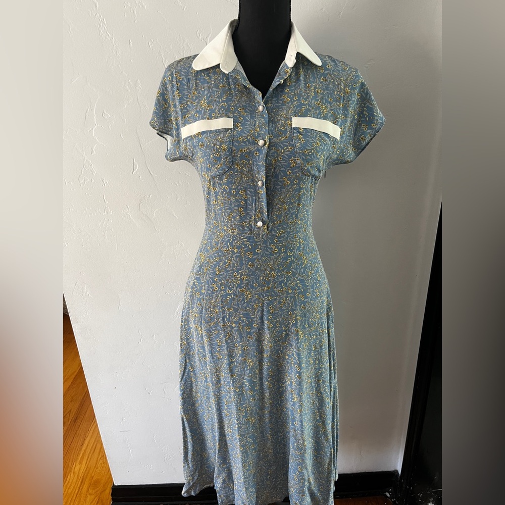 Celine 100% silk floral Blue Dress with White Accents